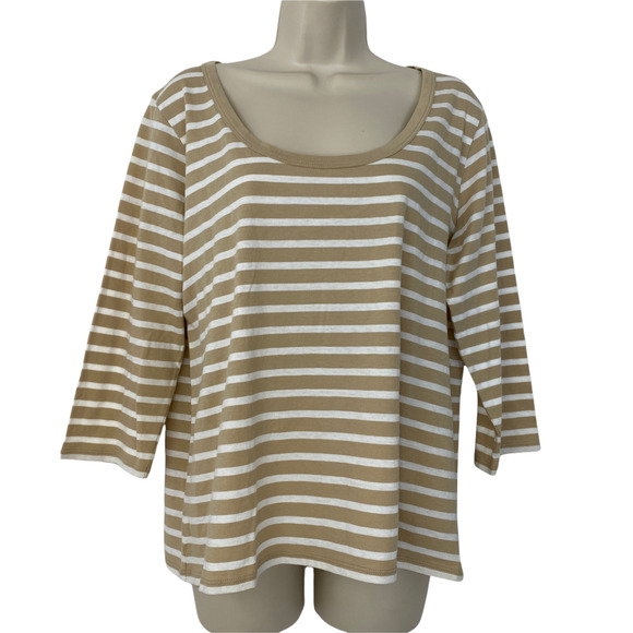 fresh produce Tops - Fresh Produce Top Womens Large Striped T-Shirt Tan White 3/4 Sleeve Scoop Neck L
